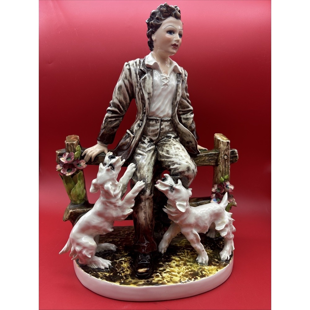 Vintage C. Mollica Italy Porcelain Mantle Statue 'Man With Dogs'